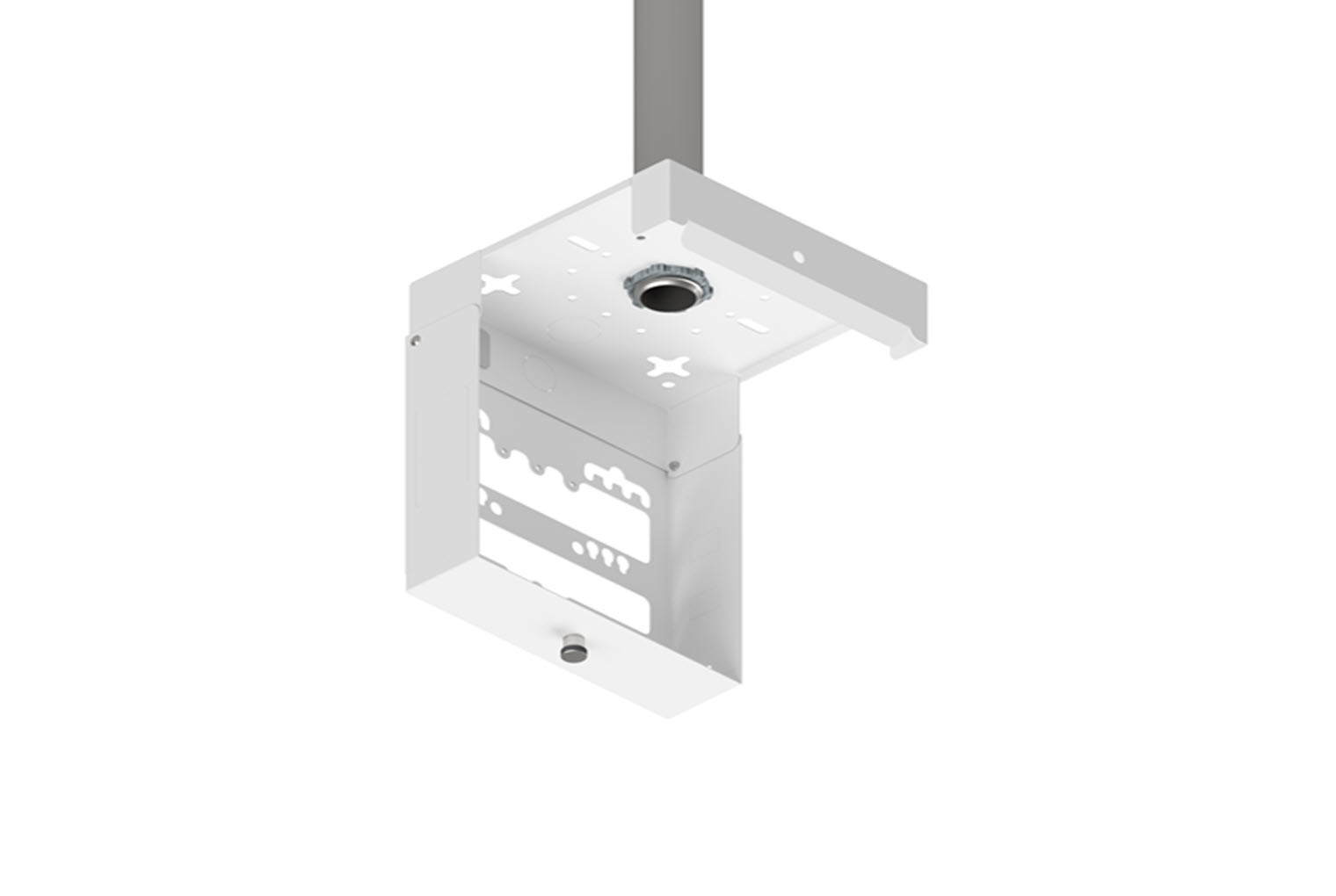 Oberon Model 900-HC-WH wireless access point white mounting bracket attached to ceiling on hanging conduit